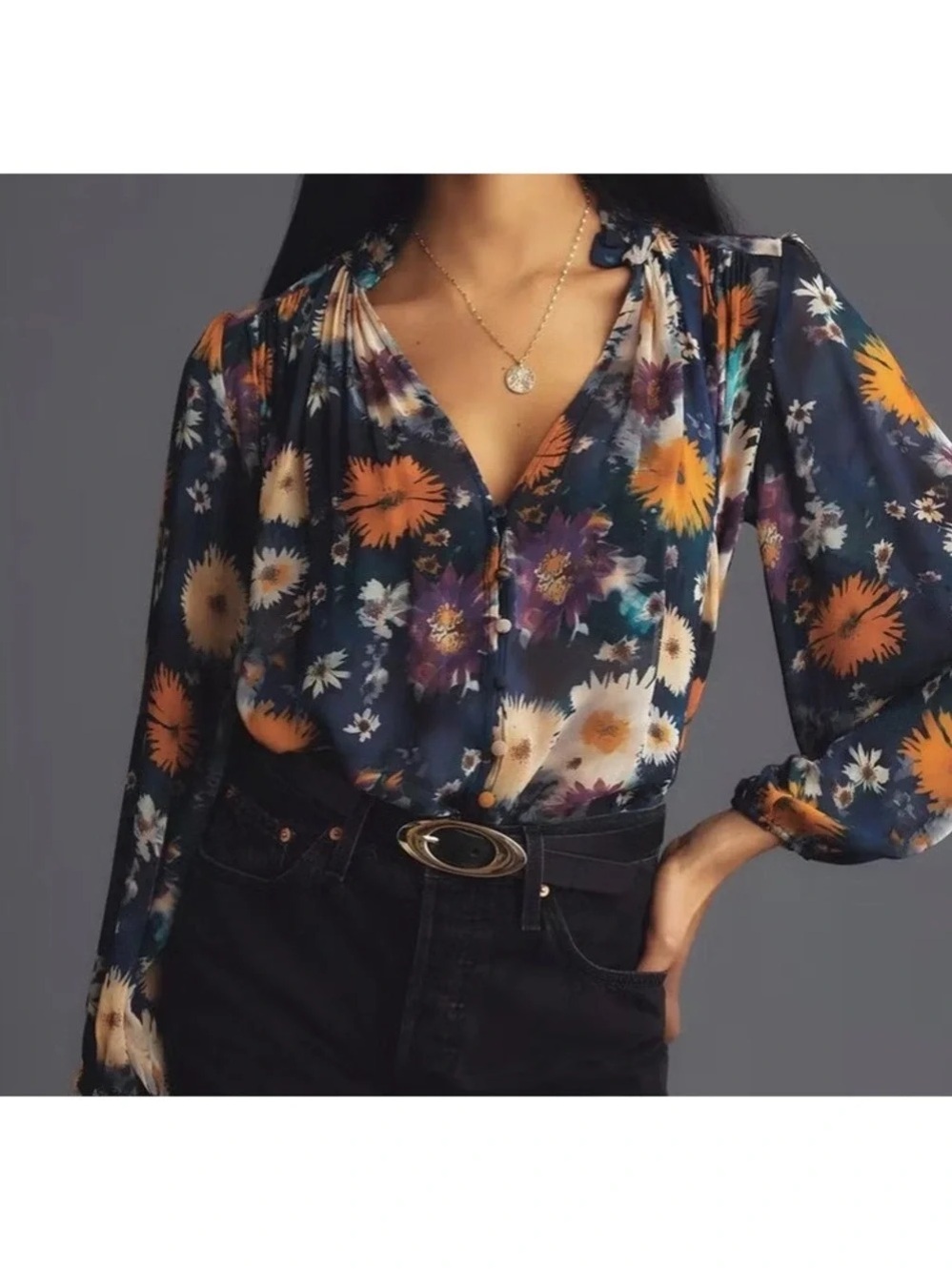 Navy Floral V-Neck Long Sleeve Blouse